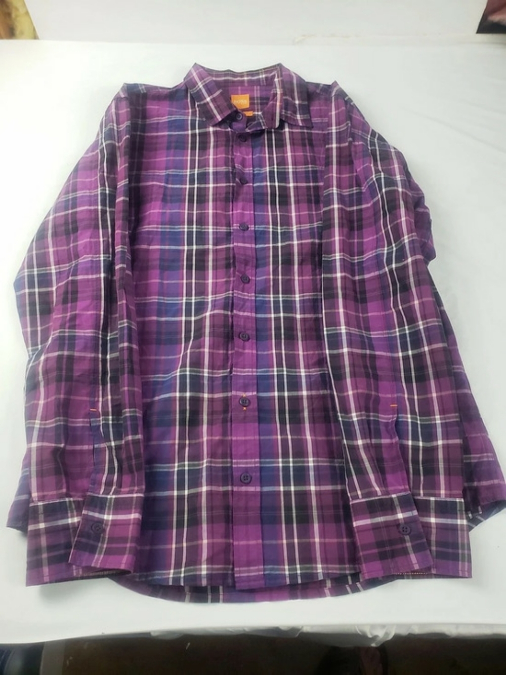 Hugo Boss Orange Plaid Button Down in Purple & Gray Size L SLIM FIT